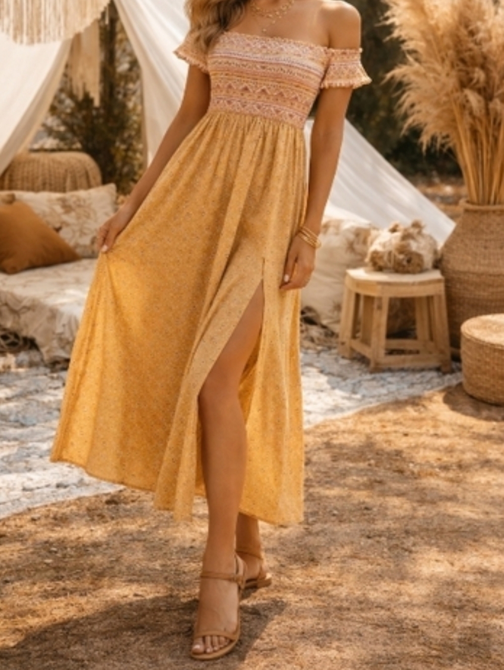 Wild Skye Boho Off-Shoulder Maxi Dress Smocked Bodice Mustard Tribal Print